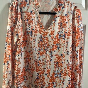 Elegant Floral V-Neck Blouse - Orange and Blue